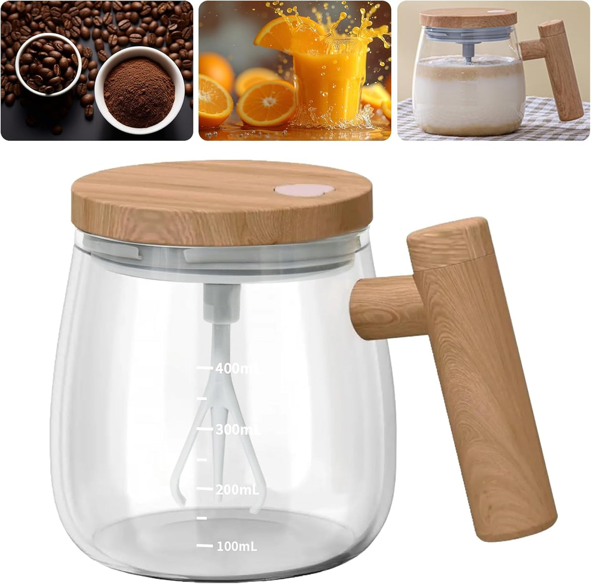 Self-Stirring Mug - Coffee Mug - Mixing Cup - Electric Mixing Cup - Automatic Stirring Cup - Milk Frother - Drink Mixer - Magnetic Cup - Shaker - Kitchen Gadgets - Coffee Accessories - Glass - Wood Design - Brown - 1 piece