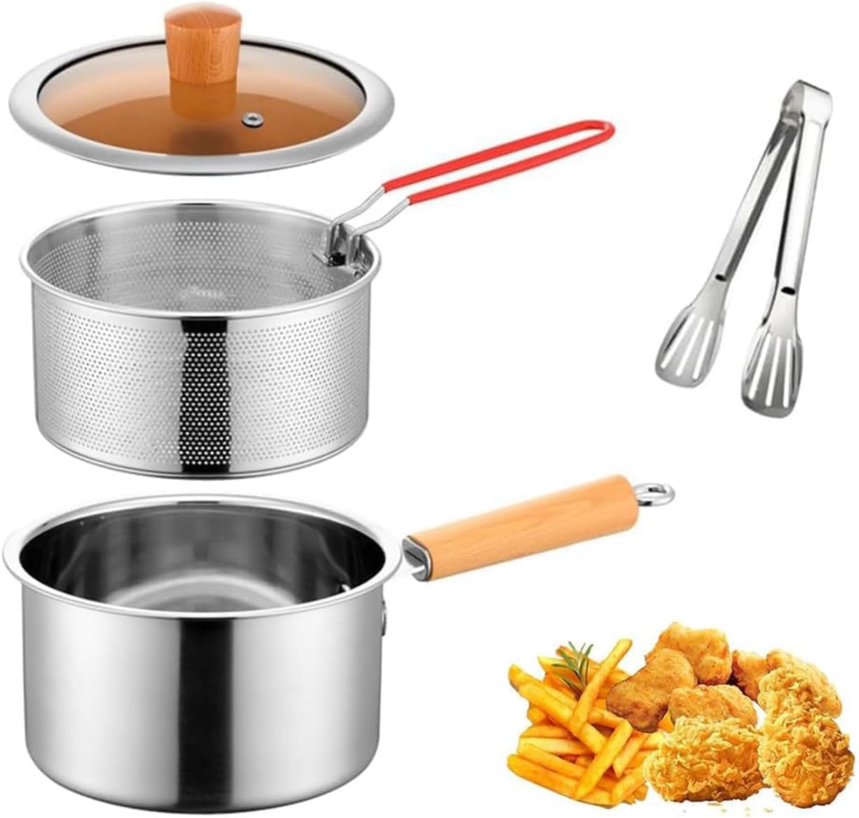 Deep fryer - Deep fryer - Saucepan - Cooking pot - Frying basket - Doughnut pan - Dutch oven - Induction pan - Gas - Electric - Frying set - Kitchen utensils - Kitchen accessories - Including tongs - Stainless steel - Stainless steel - Silver - 1 piece