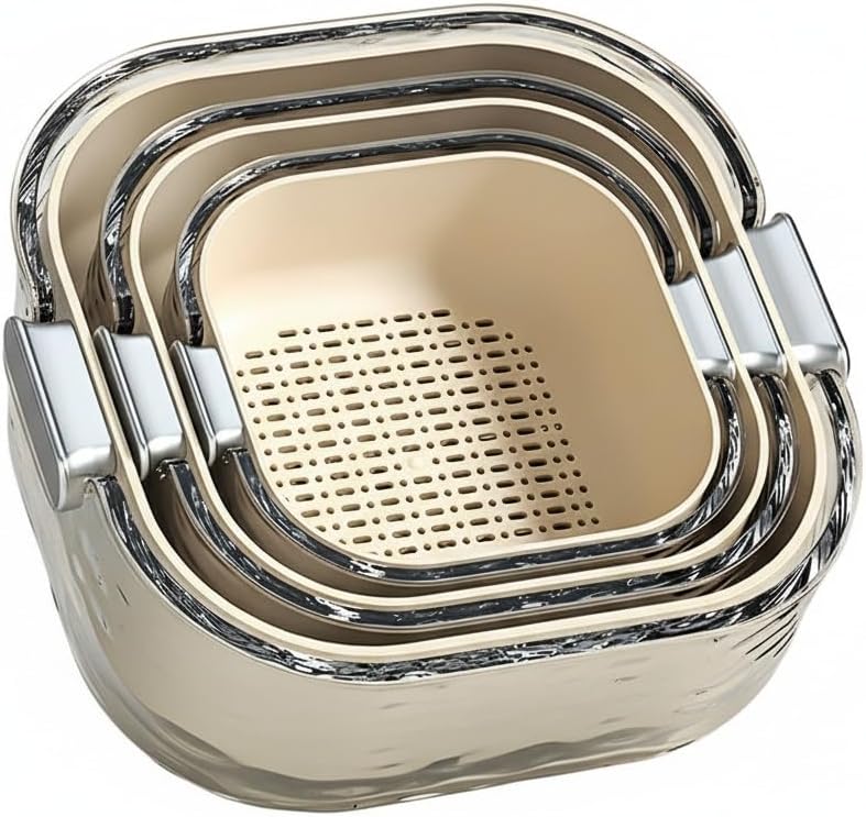 Colander - Kitchen Colander - Sieve - Fruit Basket - Vegetable Basket - Draining Set - Washing Colander - Double Layered - With Bowl - Kitchen Organization - Fruits and Vegetables - Pasta and Rice - Stackable - Multifunctional - 3 Sizes - Milky White - 6 