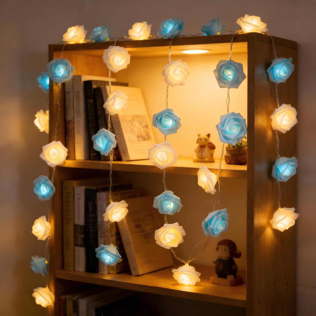 Rose Fairy Lights - Indoor Mood Lighting - Bedroom Decoration - LED Lights - Artificial Flowers - Window Decoration - Home Accessories - Fairy Lights - Wedding Decoration - Party Lighting - Blue and White - 1 Piece