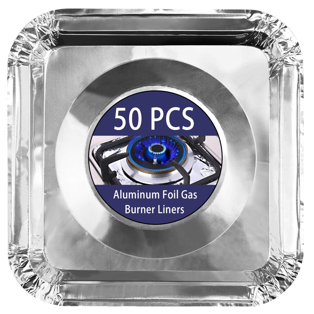 Gas stove protectors - Gas burner protectors - Aluminum foil gas stove - Gas stove foil - Kitchen accessories - Protective film - Extra thick - Universal - Cut to size - Square - Silver - 50 pieces