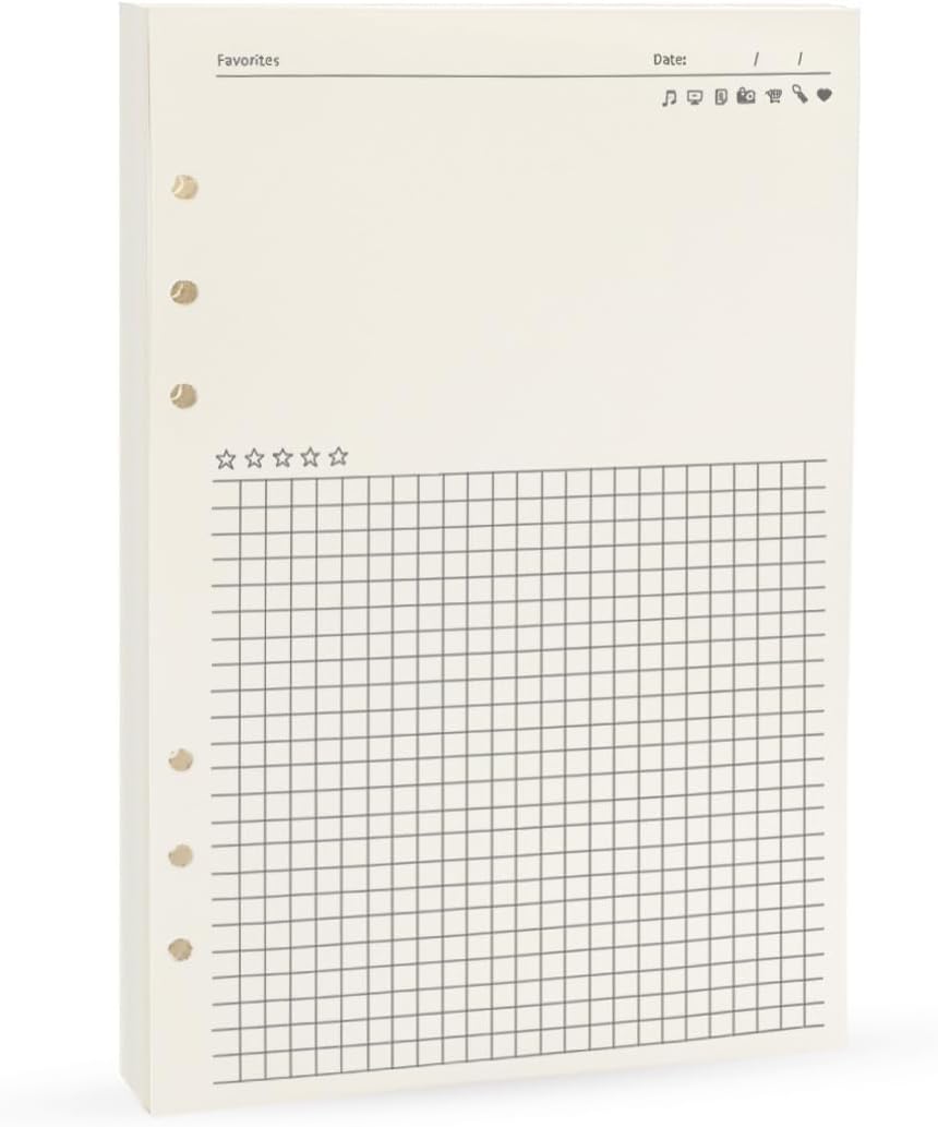 Notebook Refill A5 - Ring Binder Paper 6 Holes - Agenda Refill - Bullet Journal Paper - Refillable Notepad - Writing Paper - Planner Inserts - Office Supplies - School Supplies - Review Page -Favorites List - White - 5 Pieces
