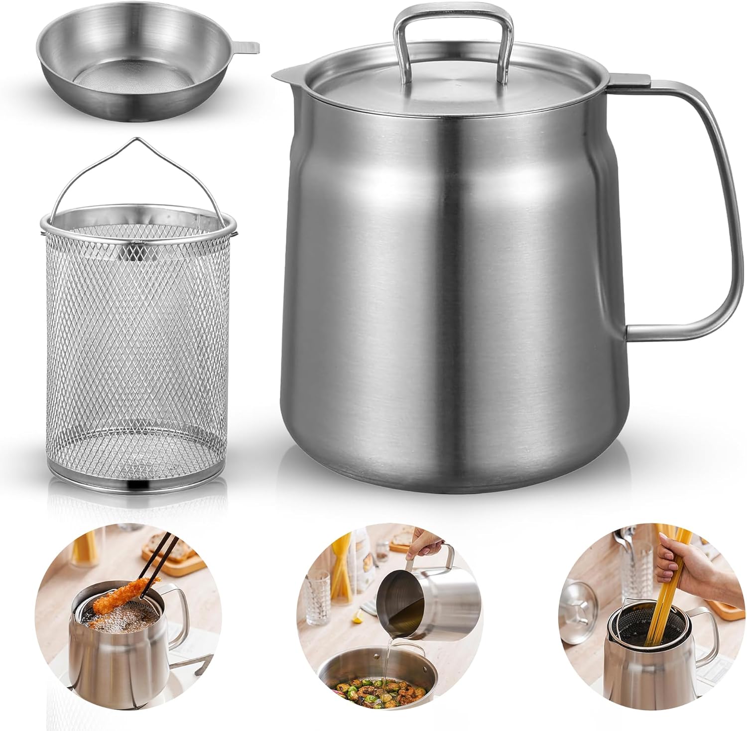 Deep fryer with basket - Stainless steel deep fryer - Kitchen accessories - Oil pan - Induction pan - Deep fryer - Pasta pan - Kitchen utensils - Stainless steel pot - Mini deep fryer - Cooking accessories - Deep fryer - Oil can - Kitchen utensils - 1.5L 