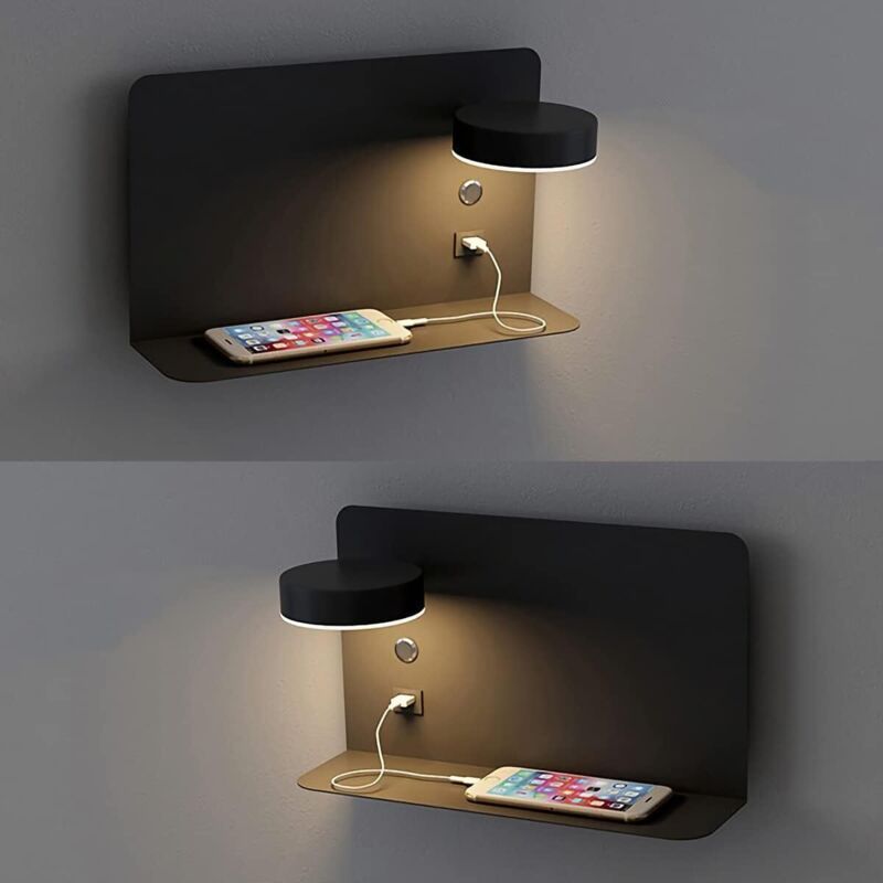1 Pack Right Side 12W LED Reading Wall Lamp USB Charging 3 CCT Black