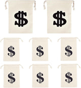 Pack of 8 Fabric Bags - Small Dollar Sign - Drawstring - Coin Pocket - Storage Accessories