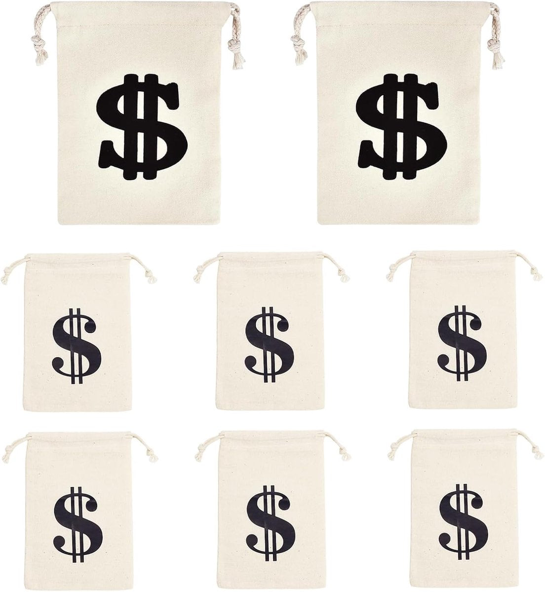 Pack of 8 Fabric Bags - Small Dollar Sign - Drawstring - Coin Pocket - Storage Accessories