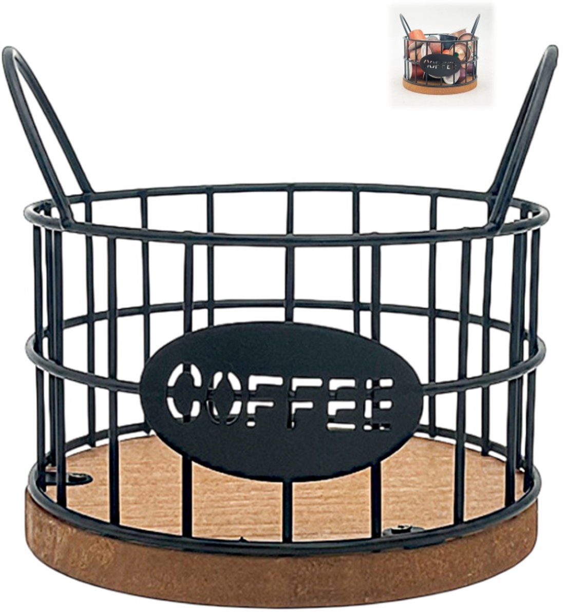 Storage basket - Storage rack - Coffee capsule storage rack - Fruit basket - Home storage accessories - Wooden base - Suitable for home, coffee bars, and offices - Black - 13*13*12 cm
