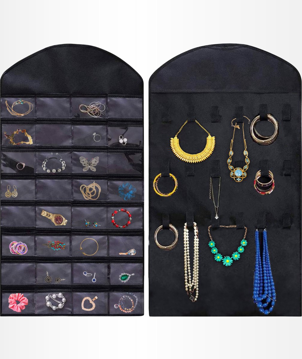 Aerend - Jewelry organizer - Double-sided hanging and transparent jewelry stand - Storage accessories - Over-the-door storage bag in black - For necklaces, earrings, sunglasses, rings, makeup