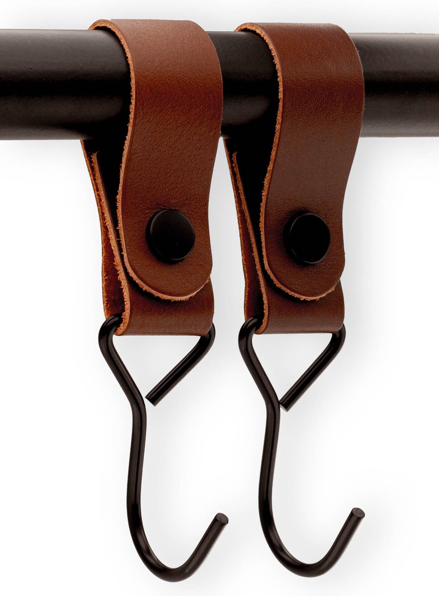 Brute Strength - Multifunctional Hook with Leather Loop - Cognac - 2 pieces - Coat Hook - Camping Hook - Leather - Hanging Hooks - Towel Hooks