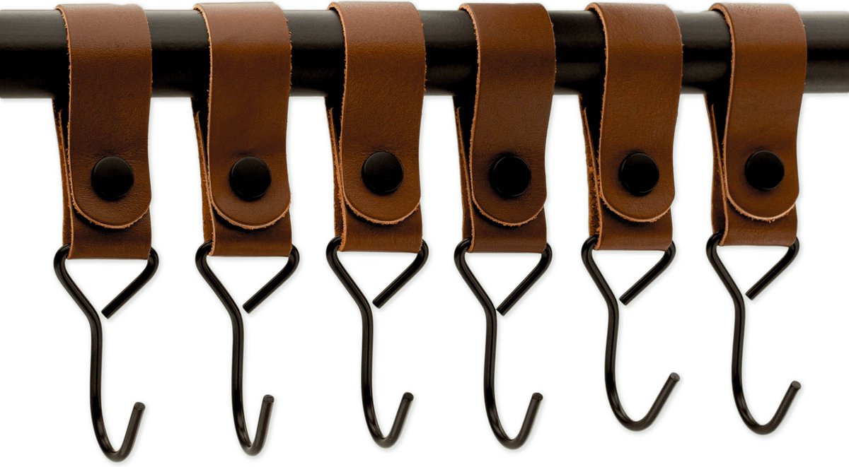 Brute Strength - Multifunctional Hook with Leather Loop - Cognac - 2 pieces - Coat Hook - Camping Hook - Leather - Hanging Hooks - Towel Hooks