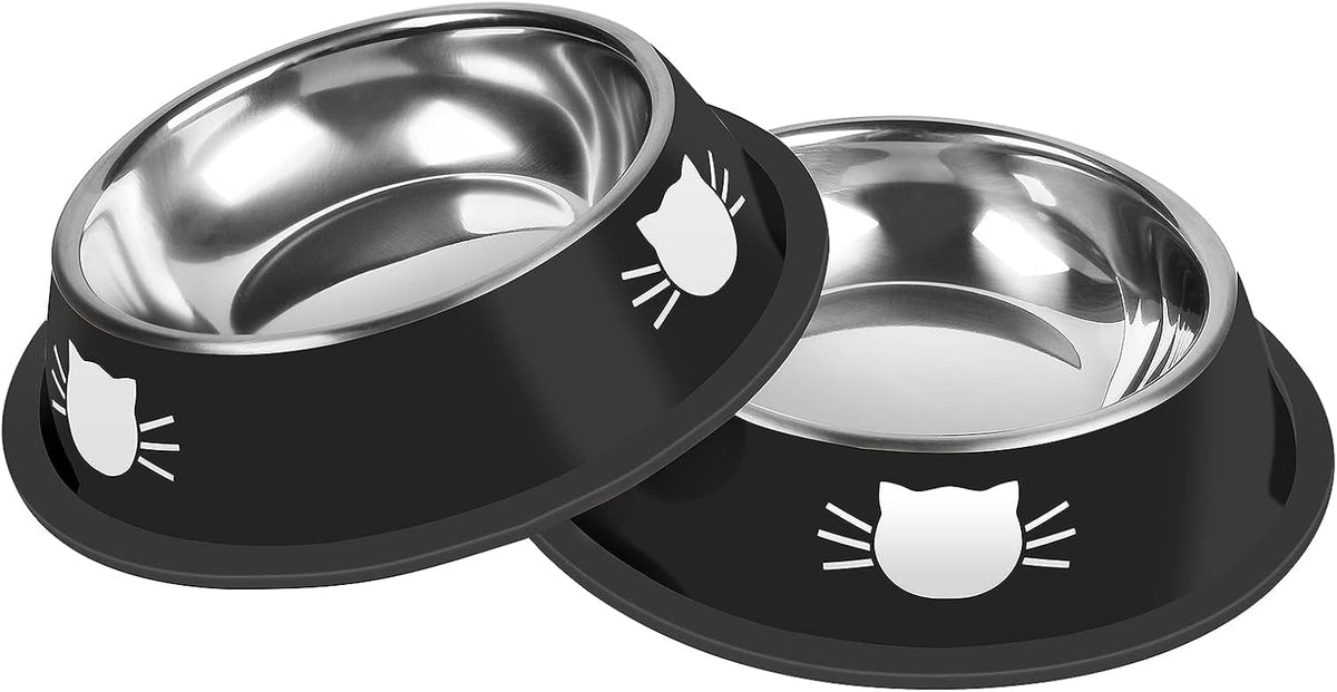2/3Pcs Cat Bowls Non-Slip Stainless Steel Small Cat Food Bowls Unbreakable Thicken Cat Feeder 7 Oz Cat Dishes Suitable for Indoor Small Pets Removable Rubber Base Easily Clean Lovely Color Black