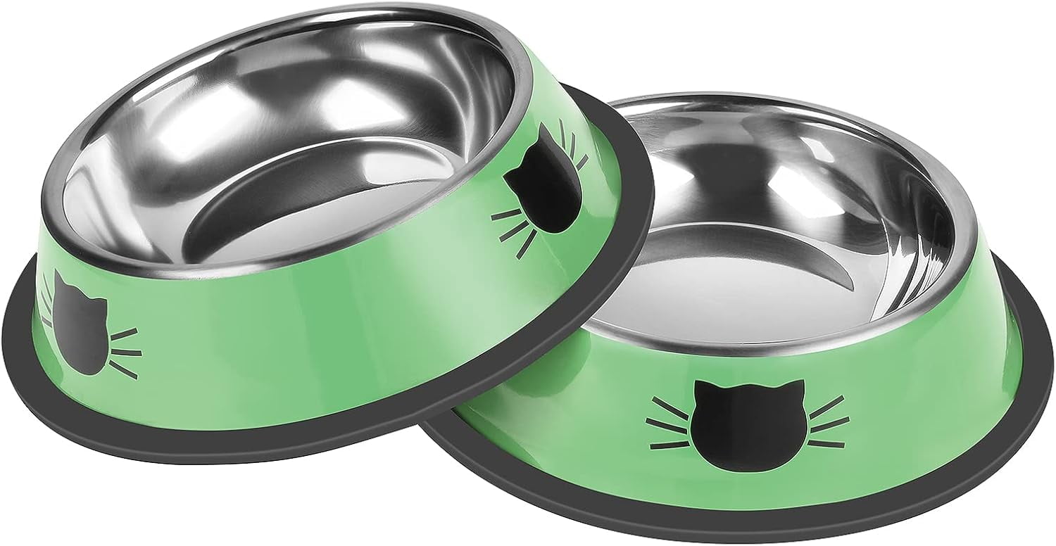 2/3Pcs Cat Bowls Non-Slip Stainless Steel Small Cat Food Bowls Unbreakable Thicken Cat Feeder 7 Oz Cat Dishes Suitable for Indoor Small Pets Removable Rubber Base Easily Clean Lovely Color Green