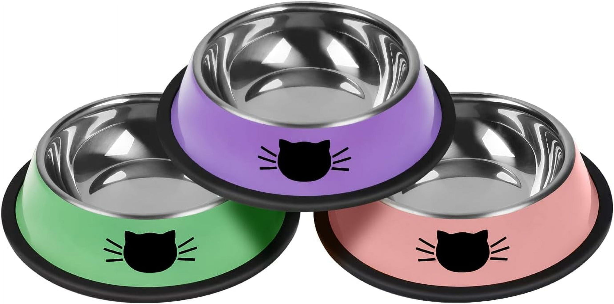 2/3Pcs Cat Bowls Non-Slip Stainless Steel Small Cat Food Bowls Unbreakable Thicken Cat Feeder 7 Oz Cat Dishes Suitable for Indoor Small Pets Removable Rubber Base Easily Clean Lovely Color Purple, Green, Pink
