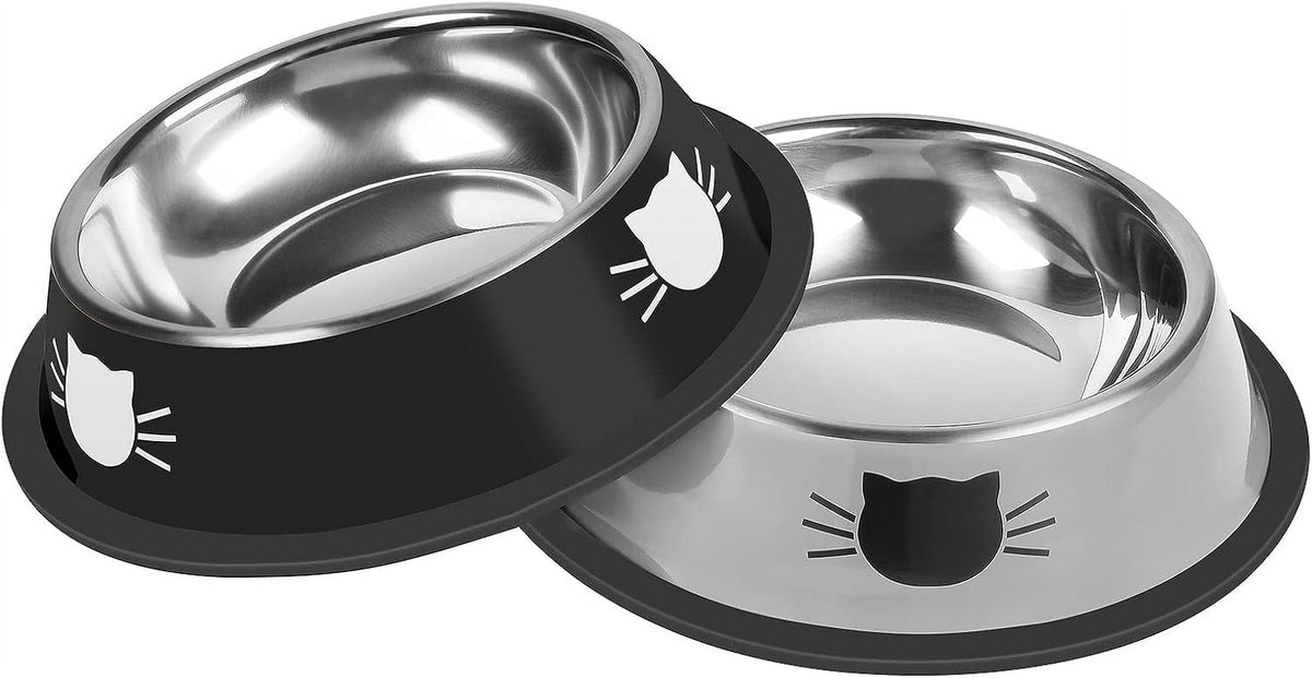 2/3Pcs Cat Bowls Non-Slip Stainless Steel Small Cat Food Bowls Unbreakable Thicken Cat Feeder 7 Oz Cat Dishes Suitable for Indoor Small Pets Removable Rubber Base Easily Clean Lovely Color Silver, Black