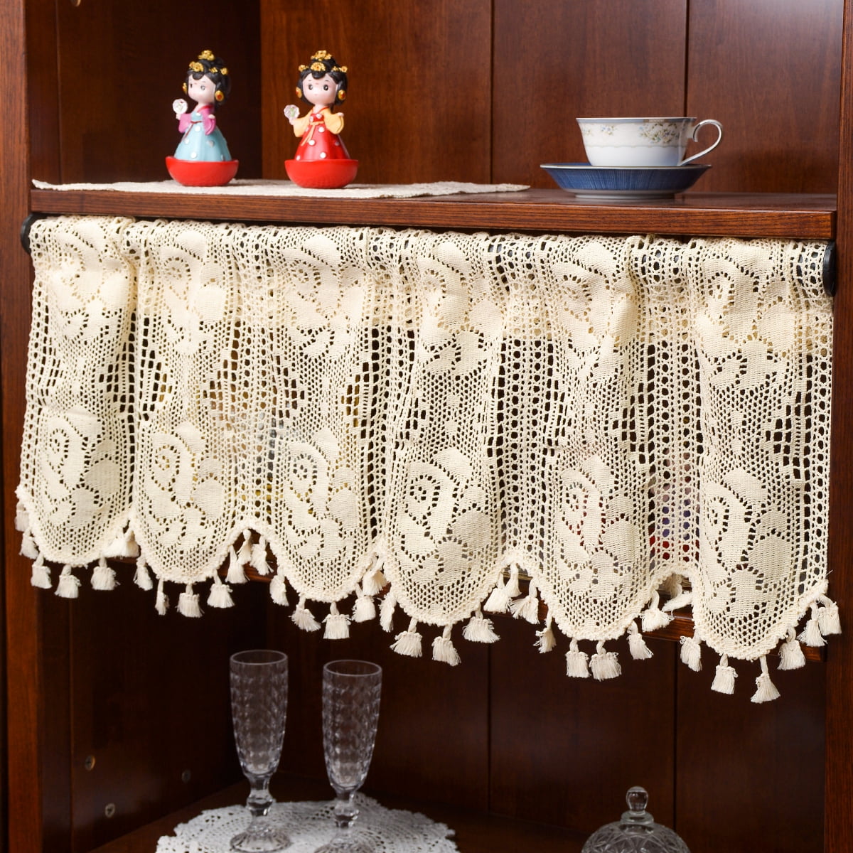 Vintage Curtains with tassels Curtain Valance for Kitchen Cafe, Short Boho Sheer Lace Crochet Curtain for Dinning Room 63" W x 14" L beige