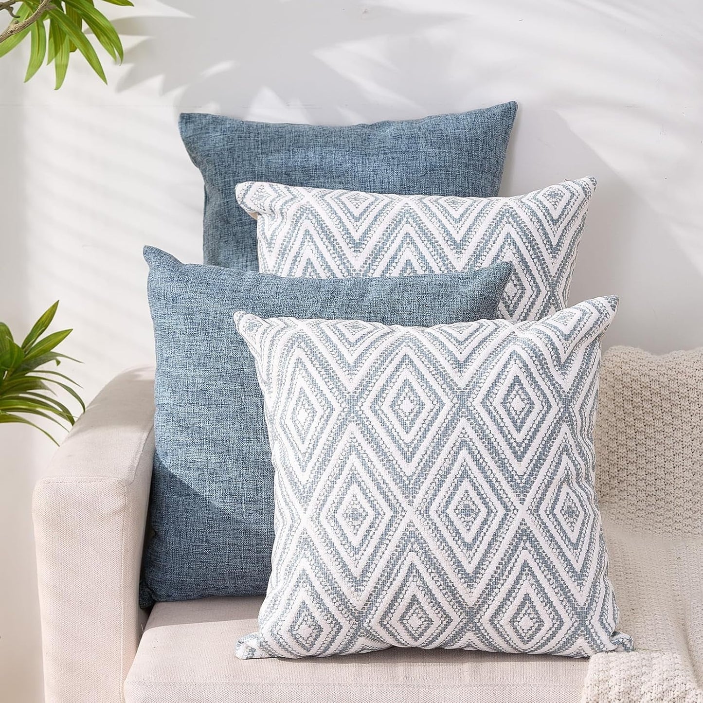 Decorative Set of 4 Square Couch Pillows Linen Cushion Cover for Couch Sofa Living Room, 18"x18" inches, Blue Blue 18x18 Inch Pillow Covers