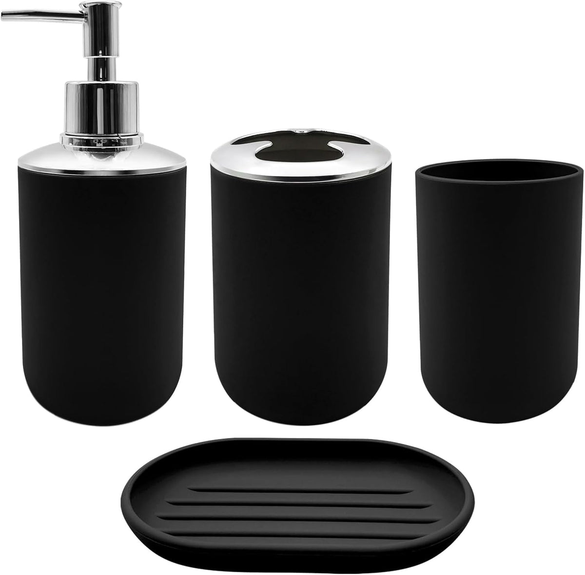 Set 4 Pcs Green Bathroom Accessories,Cute Bathroom Decor,Plastic Soap Dispenser and Toothbrush Holder Set,Soap Dish and Mouthwash Cup Black