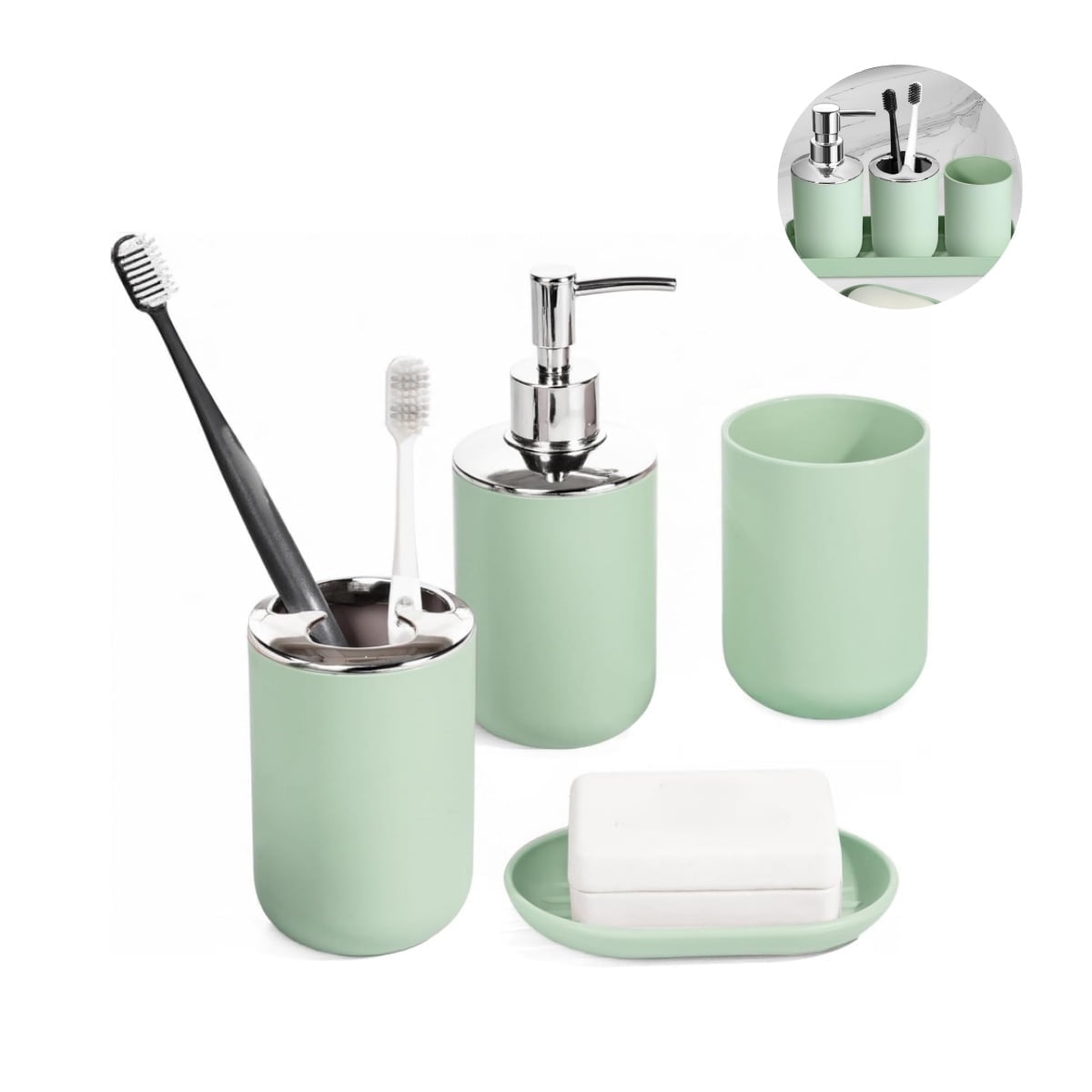 Set 4 Pcs Green Bathroom Accessories,Cute Bathroom Decor,Plastic Soap Dispenser and Toothbrush Holder Set,Soap Dish and Mouthwash Cup Green
