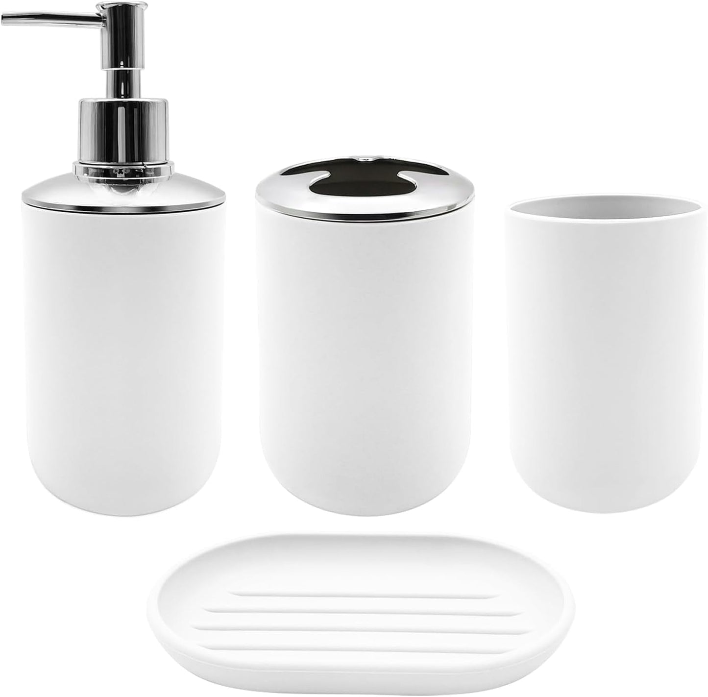 Set 4 Pcs Green Bathroom Accessories,Cute Bathroom Decor,Plastic Soap Dispenser and Toothbrush Holder Set,Soap Dish and Mouthwash Cup White