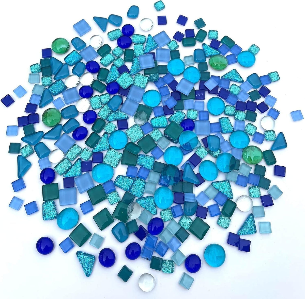 Blue mixed irregular crystal glass mosaic tiles with white backing.