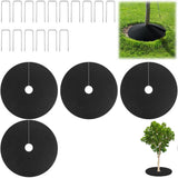 Tutuviw 4 Pack Non-Woven Tree Mulch Ring, Round Mulch Ring Tree Protector Mat with 16 Pcs Garden Stakes, Reusable Heavy Duty Weed Barrier Fabric for Weed Control, Root Protection Mat & Staples