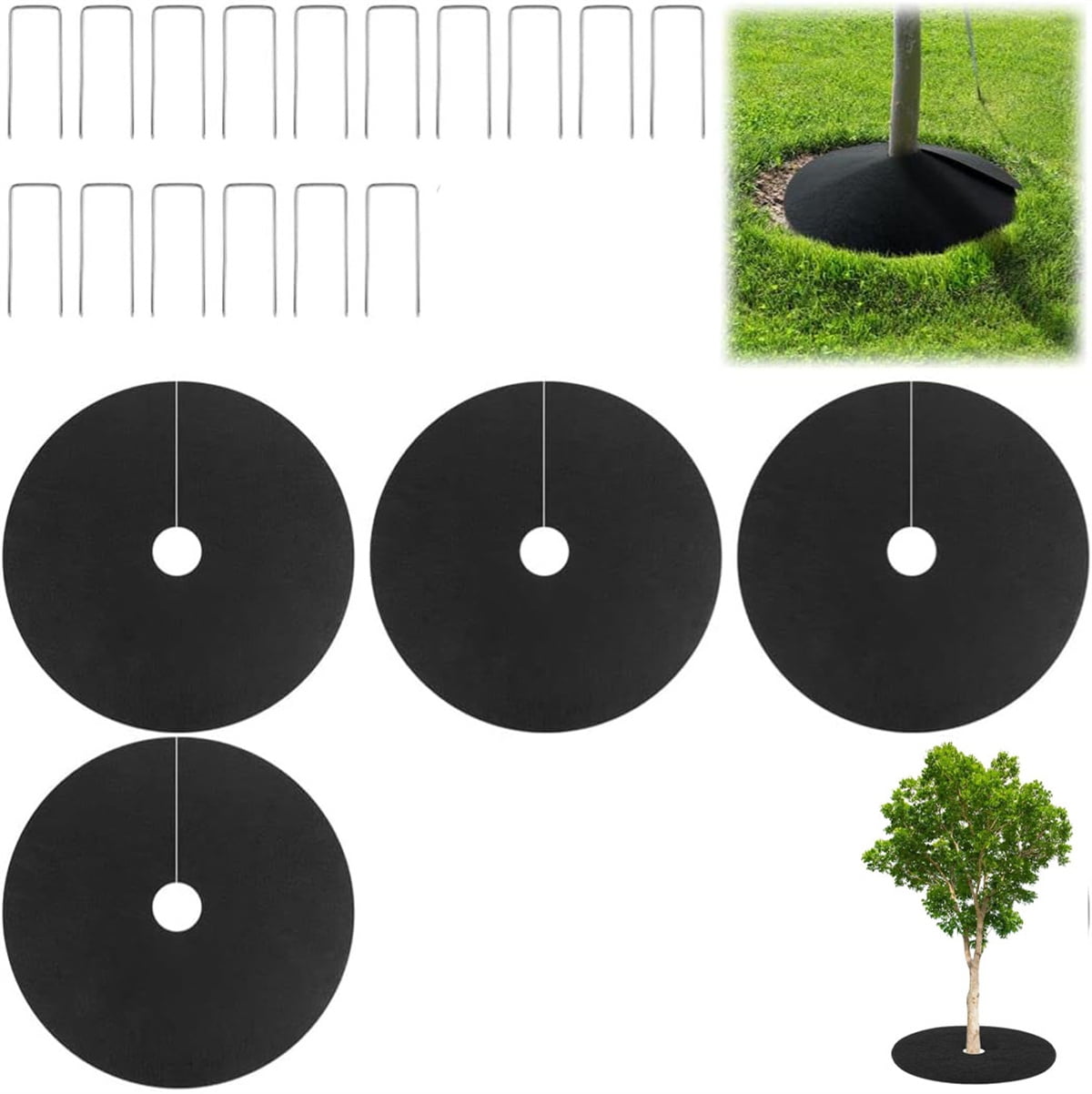 Tutuviw 4 Pack Non-Woven Tree Mulch Ring, Round Mulch Ring Tree Protector Mat with 16 Pcs Garden Stakes, Reusable Heavy Duty Weed Barrier Fabric for Weed Control, Root Protection Mat & Staples