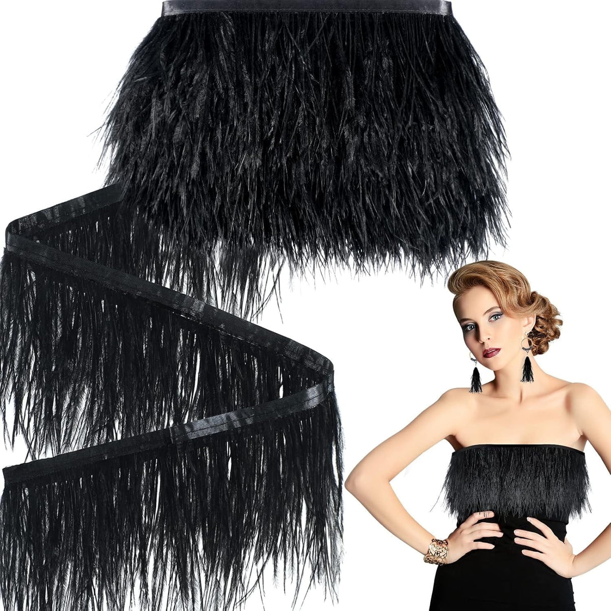 Black Ostrich Feathers Trim,78.7Inx3.15-4.3In Wide Ostrich Feathers Sewing Fringe Trim Ribbon for Latin,Masquerade Decoration Black