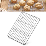 Stainless steel cooling rack with raised legs on a white background.