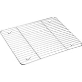 Stainless steel rectangular grill rack with raised feet.