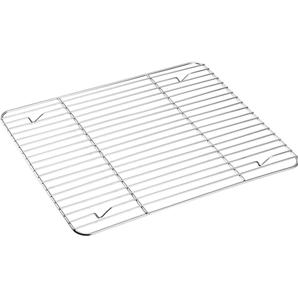 Stainless steel rectangular grill rack with raised feet.
