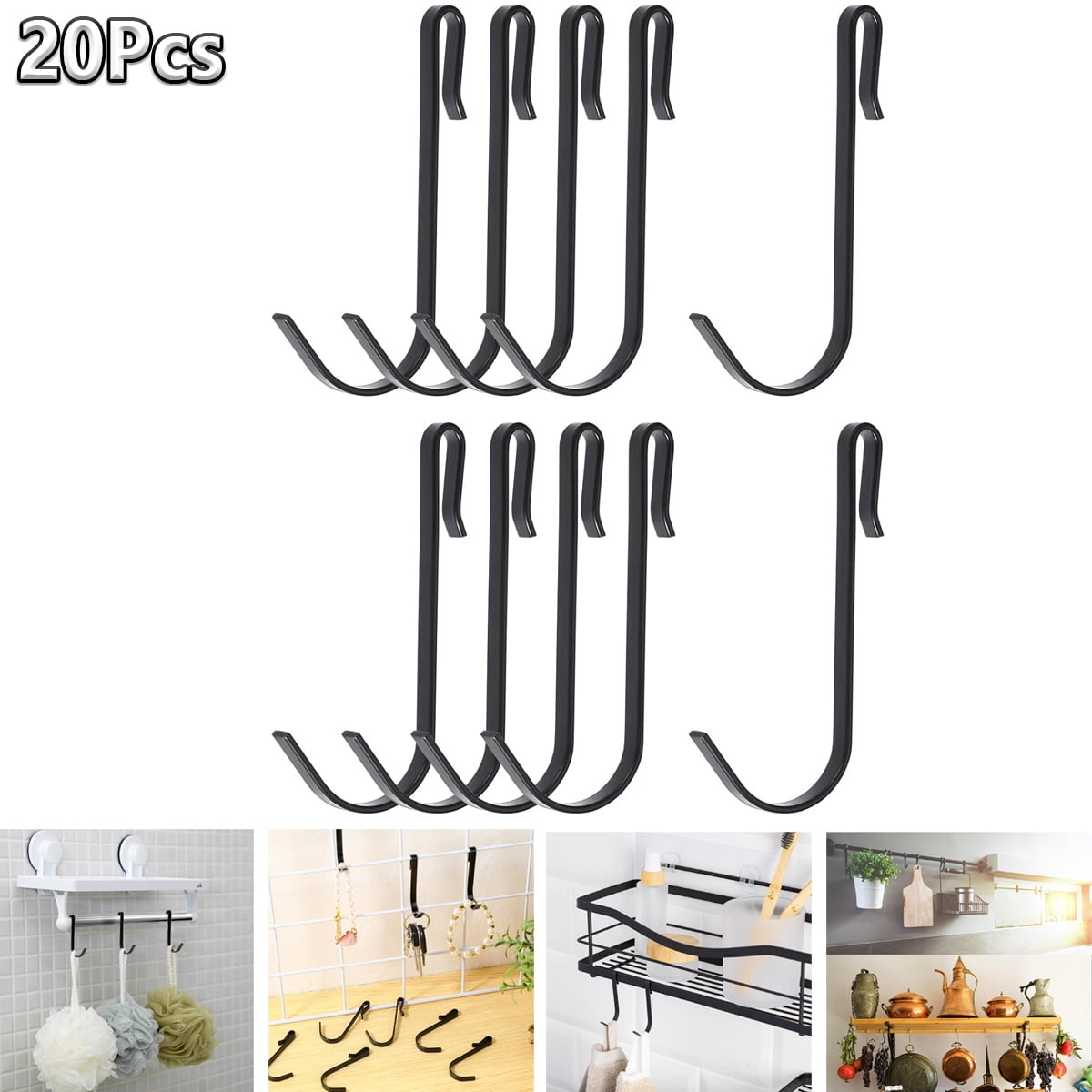 Tutuviw 20 Pcs 2.4in Long J-Hook for Wire Shelving, Wire Rack Hook, Stainless Steel Hanger Clip-on Hooks, Hanging Sink Grid Hook, Heavy Duty Utility Hooks for Kitchen Bedroom Office, Silver Black