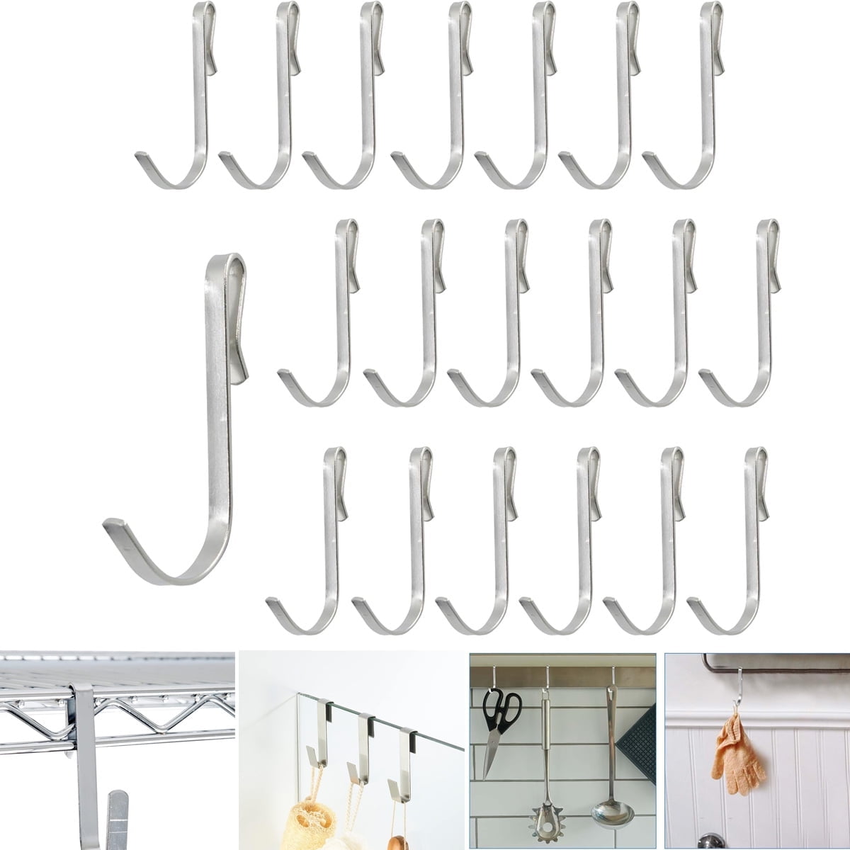 Tutuviw 20 Pcs 2.4in Long J-Hook for Wire Shelving, Wire Rack Hook, Stainless Steel Hanger Clip-on Hooks, Hanging Sink Grid Hook, Heavy Duty Utility Hooks for Kitchen Bedroom Office, Silver White