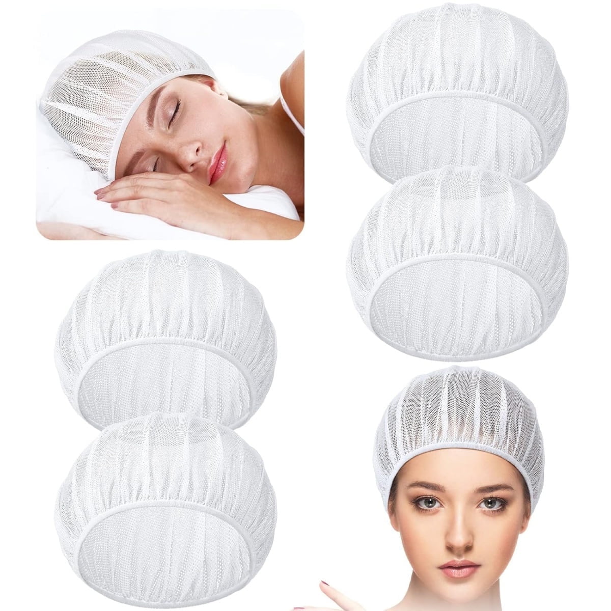 QZS 4 Pcs Mesh Sleep Bonnets,Breathable Shower Caps,Hair Nets Caps for Women,Reusable Multi-color Night Bonnets for Shower,Sleeping,Washing Face White