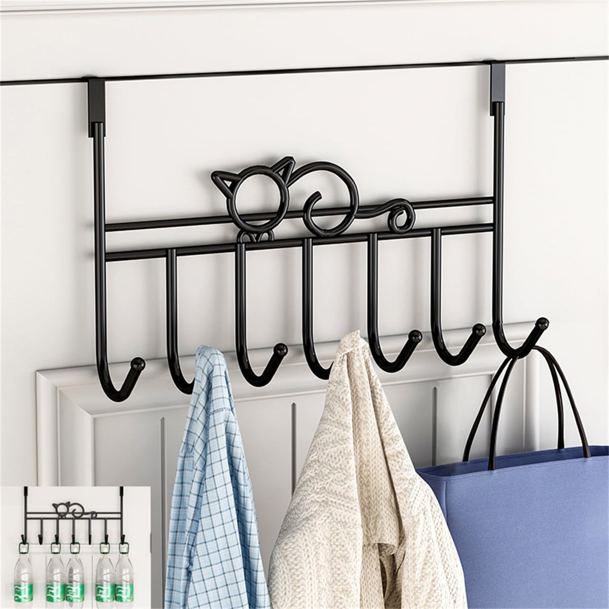 Tutuviw Over the Door Hook,Cat Design Wall Hooks Over Door Hook with 7 Hooks for Back of Bedroom Bathroom Door Punch-Free Coat Rack Organizer Clothes Key Holder Towel Door Coat Hanger Black