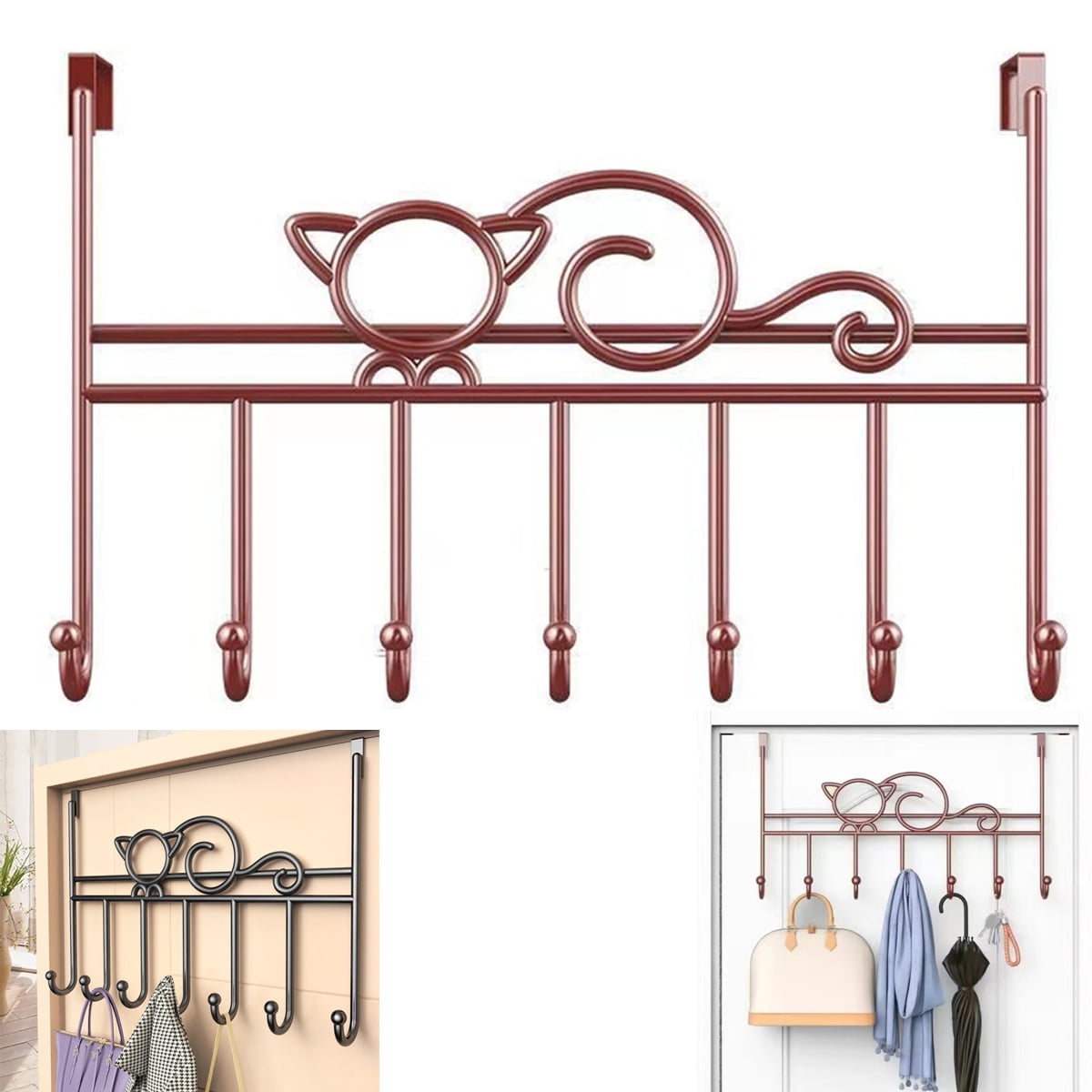 Tutuviw Over the Door Hook,Cat Design Wall Hooks Over Door Hook with 7 Hooks for Back of Bedroom Bathroom Door Punch-Free Coat Rack Organizer Clothes Key Holder Towel Door Coat Hanger,Black Brown