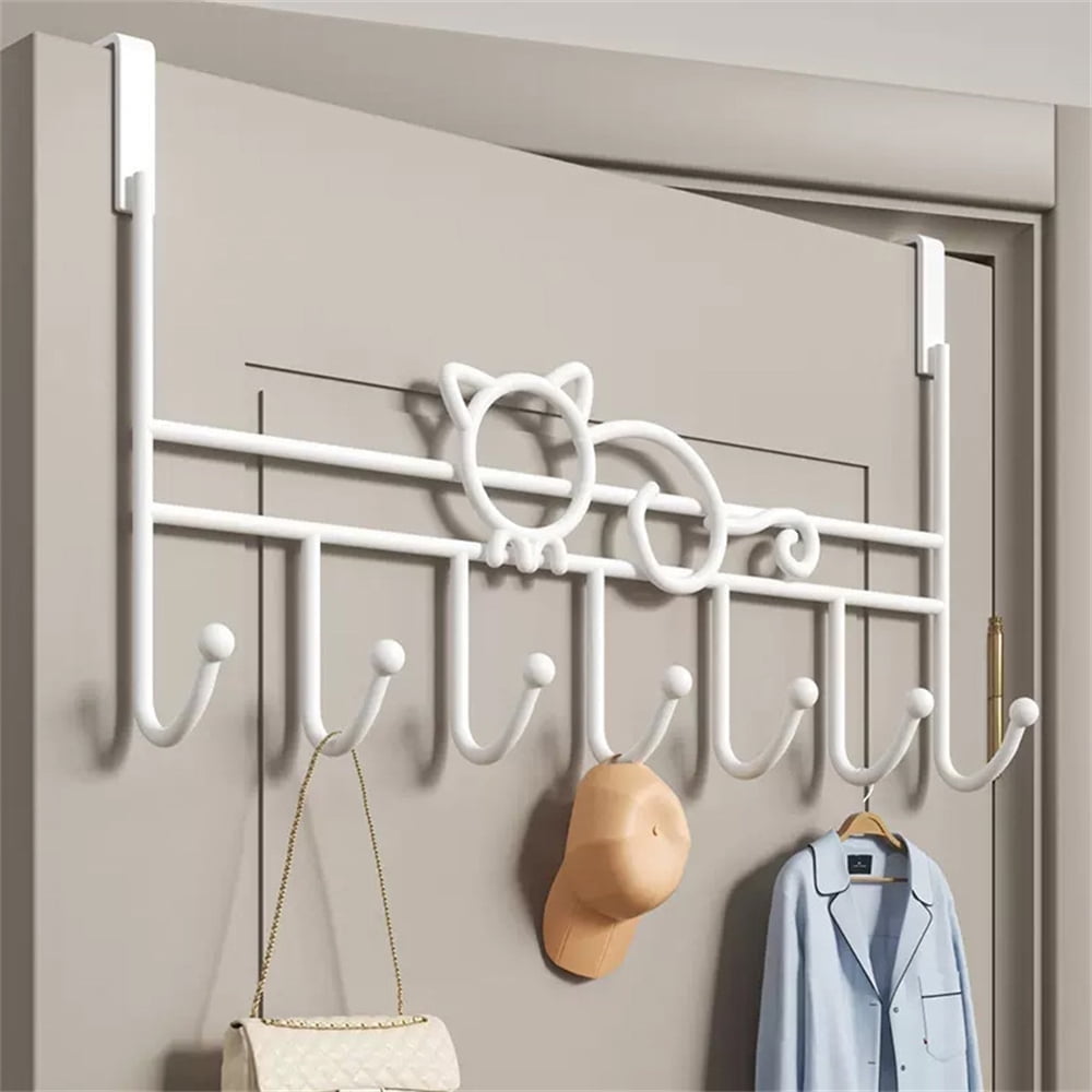 Tutuviw Over the Door Hook,Cat Design Wall Hooks Over Door Hook with 7 Hooks for Back of Bedroom Bathroom Door Punch-Free Coat Rack Organizer Clothes Key Holder Towel Door Coat Hanger,Black White