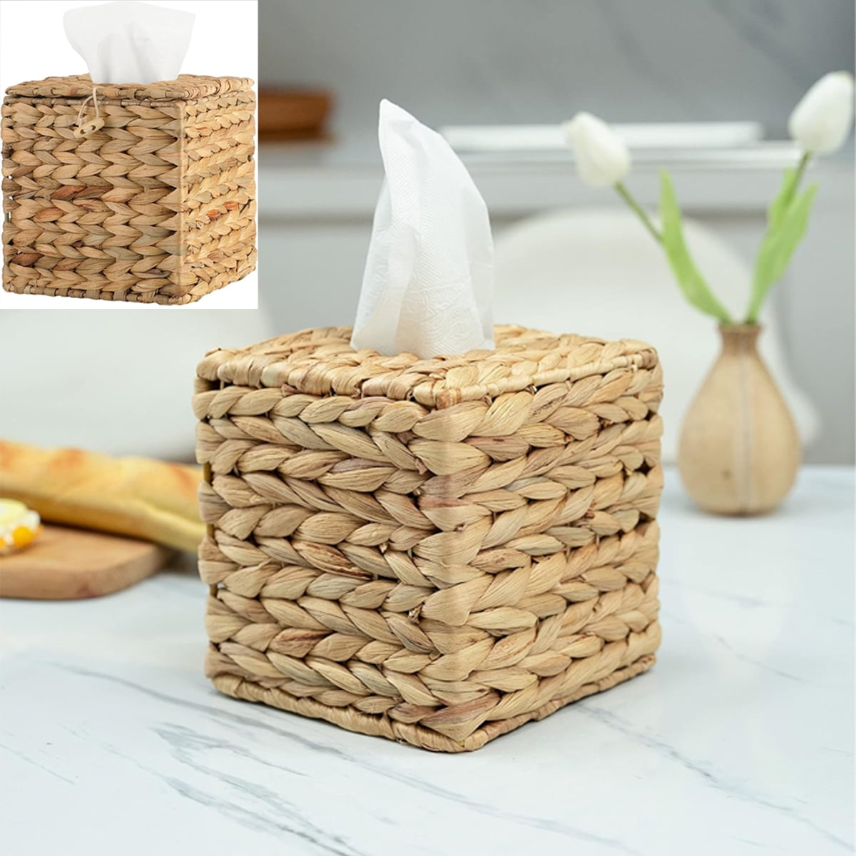 Tutuviw Tissue Box Cover Rectangle,Tissue Box Holder for Bathroom,Water Hyacinth Tissue Box Holder,Rattan Tissue Box Cover Facial Tissue Holder for Table,10" x 6" x 4.5 5.9"