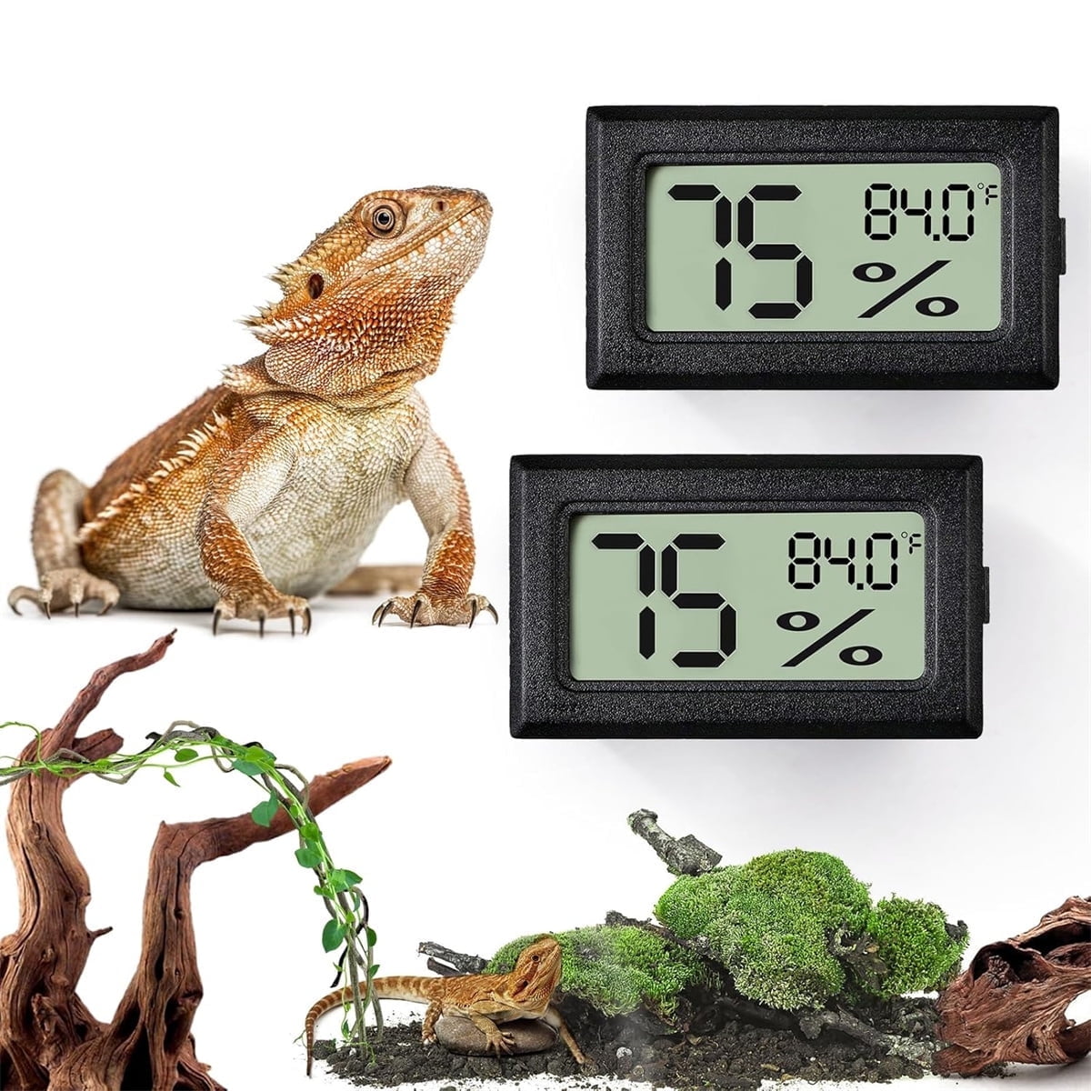 Tutuviw Reptile Thermometer Hygrometer LCD Digital Humidity Gauge for Reptile Heat Pad to Monitor Temperature and Humidity in Reptile Terrarium for Turtle Snake Lizard Frog Plant Box, 2Pcs 2"