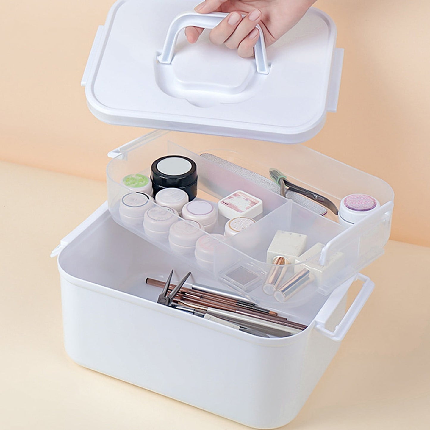 Portable Nail Polish Carrying Box, Plastic Storage Bins with Removable Tray and Lids, Crafts Organizers and Storage Clear Container with Handle, Travel Box Holders for Art Crafts and Cosmetic White