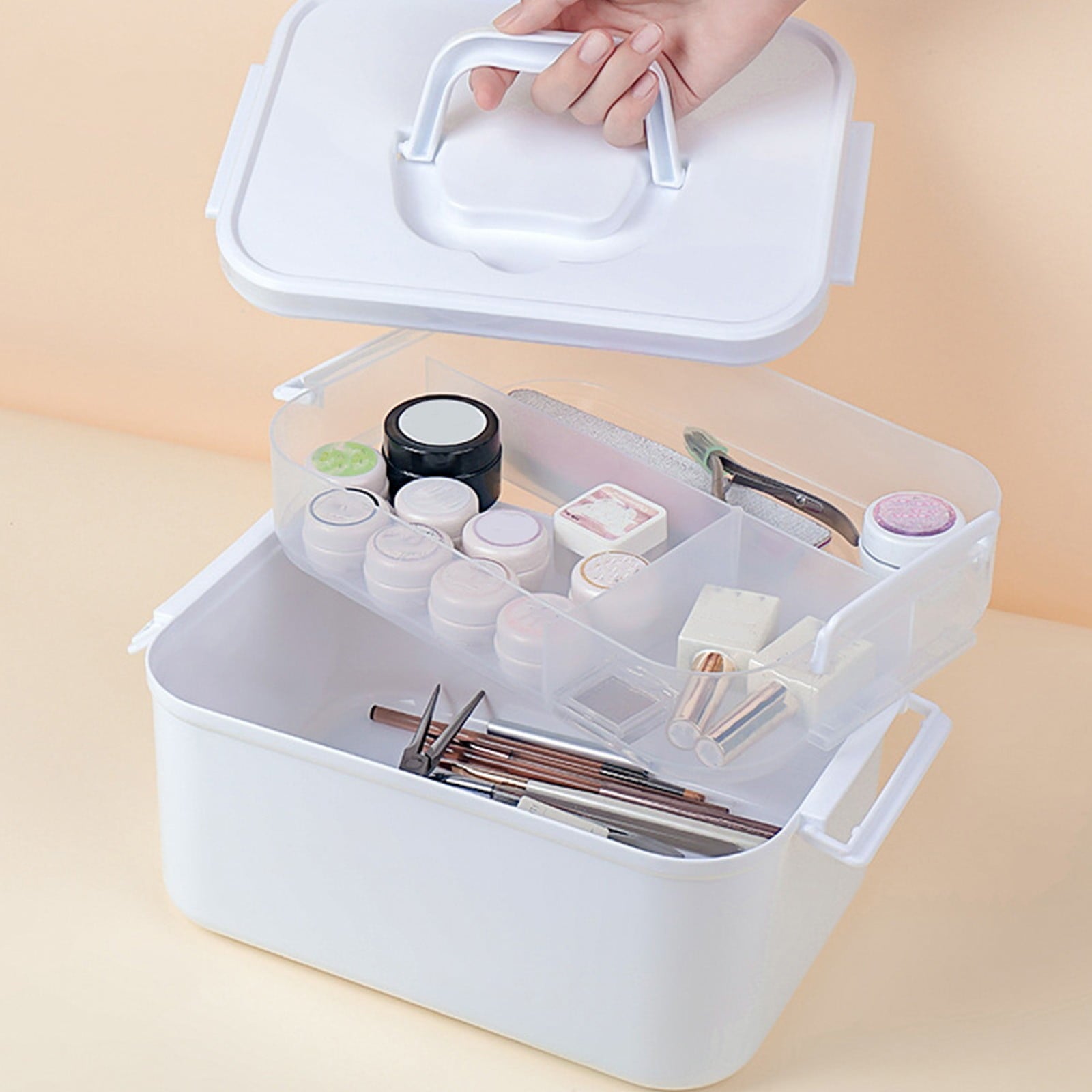 Portable Nail Polish Carrying Box, Plastic Storage Bins with Removable Tray and Lids, Crafts Organizers and Storage Clear Container with Handle, Travel Box Holders for Art Crafts and Cosmetic White