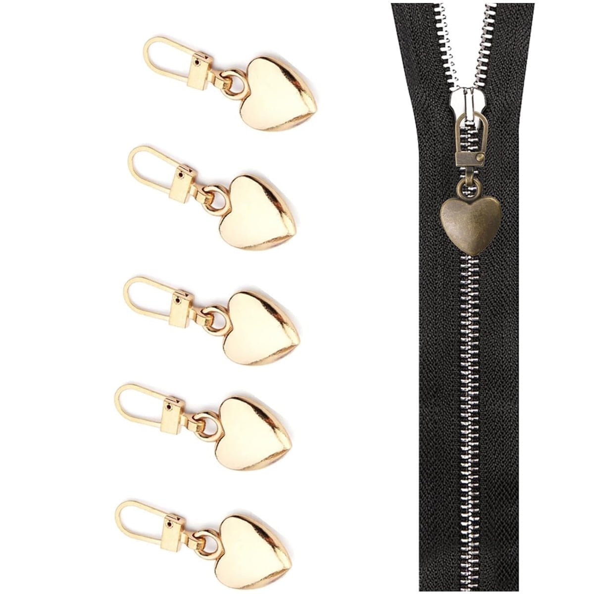 Tutuviw Multicolor Zipper Pull Replacement, Heart Shaped Metal Zipper Pull Tabs Decorative,Charm Detachable Metal Zipper Pulls Repair Kits for Purse Handles/Luggage/Backpacks/Coats/Jackets(5 Color) Gold