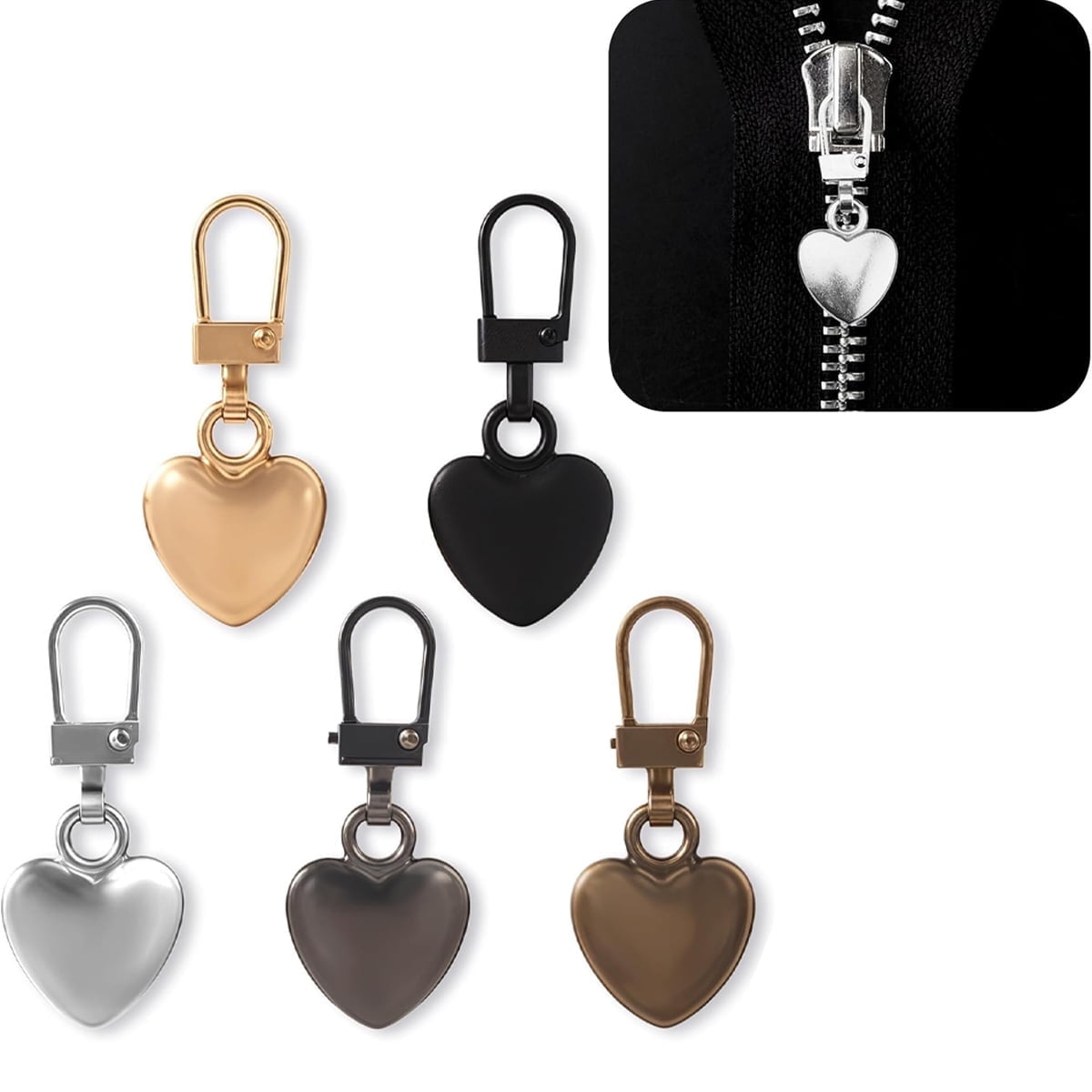 Tutuviw Multicolor Zipper Pull Replacement, Heart Shaped Metal Zipper Pull Tabs Decorative,Charm Detachable Metal Zipper Pulls Repair Kits for Purse Handles/Luggage/Backpacks/Coats/Jackets(5 Color) Multi-color
