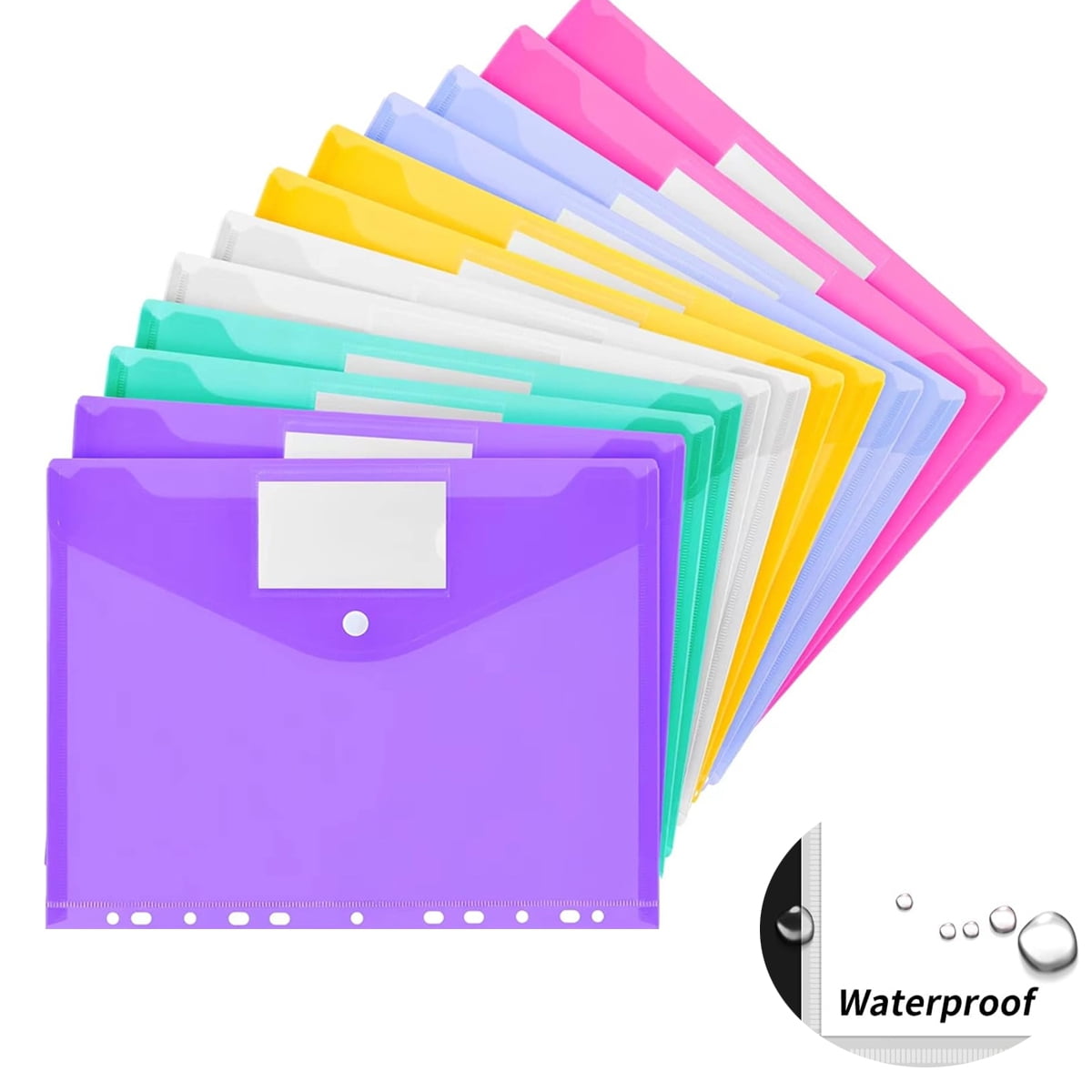 Tutuviw 12Pcs Binder Pockets for 2/3/4 Ring,11 Holes Binder Folders,Clear Document Folders,A4 Size Clear Document Envelopes,Snap Button Pouch with Label for Home Work Organization Multi-color