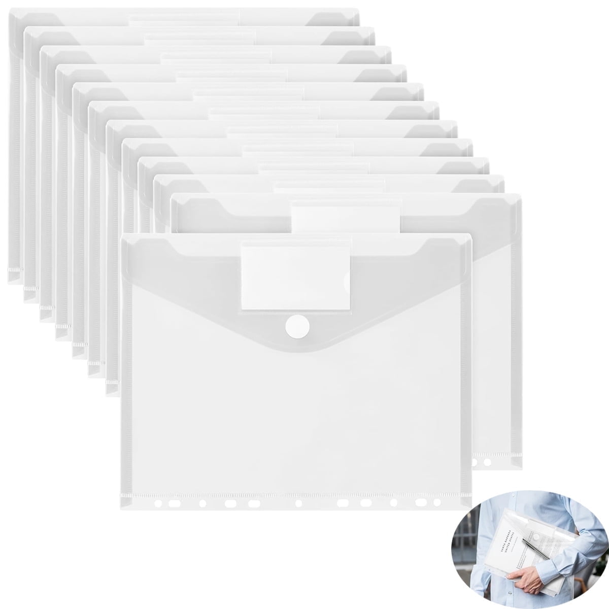 Tutuviw 12Pcs Binder Pockets for 2/3/4 Ring,11 Holes Binder Folders,Clear Document Folders,A4 Size Clear Document Envelopes,Snap Button Pouch with Label for Home Work Organization White