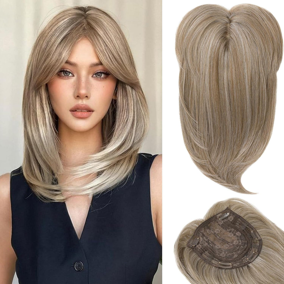 Long Layered Hair Topper with Bangs for Women with Thinning Hair, 14 Inch Slightly Curled Ends Synthetic Fiber Wiglets - Gray with Warm Brown Mixed Gray with Warm Brown Mixed 14