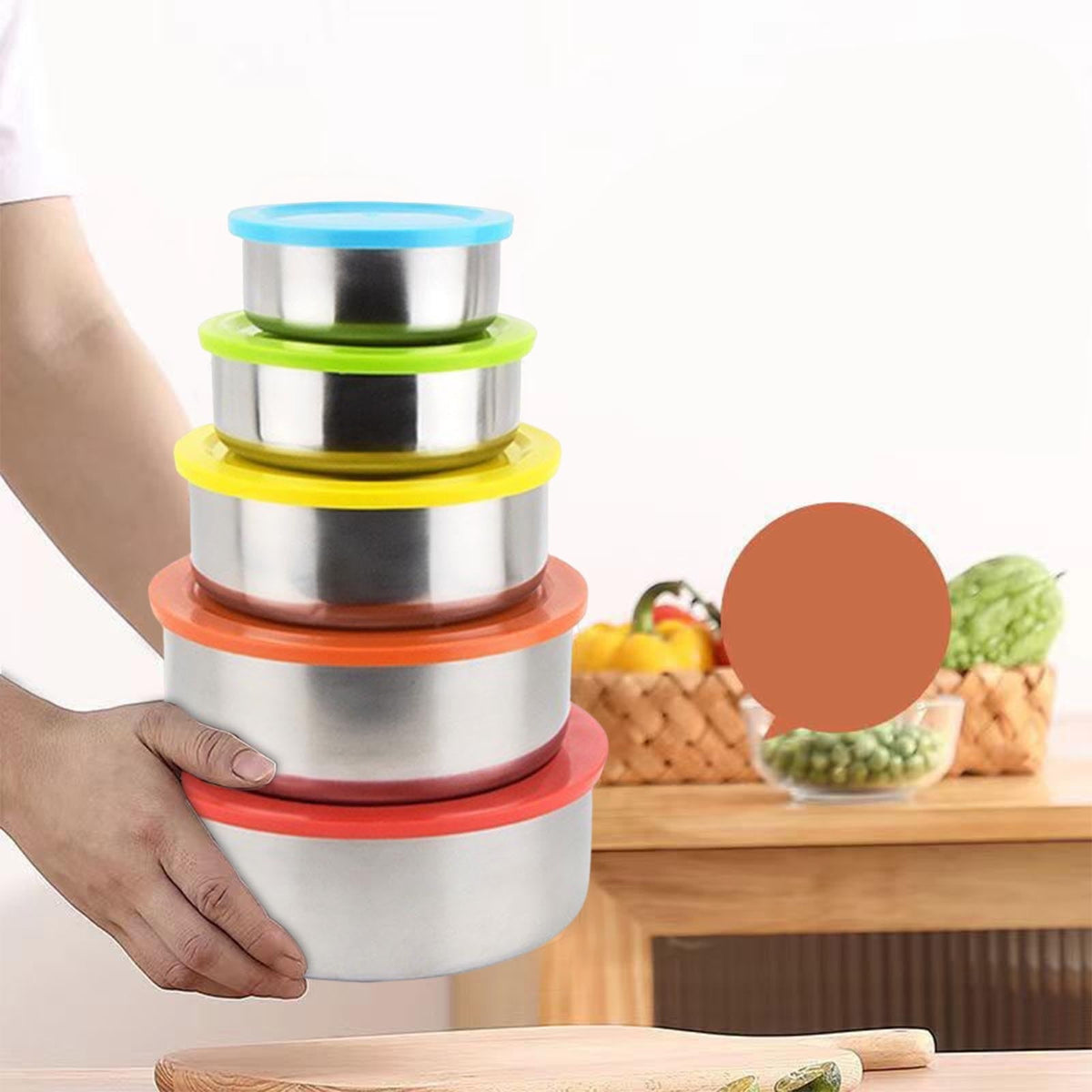 5PC Stainless Steel Food Containers with Silicone Lids,Kitchen Food Storage Containers,Nesting Lunch Box Set,for Meal Prep,Office,Travel,Microwave Safe,Rustproof Multicolor