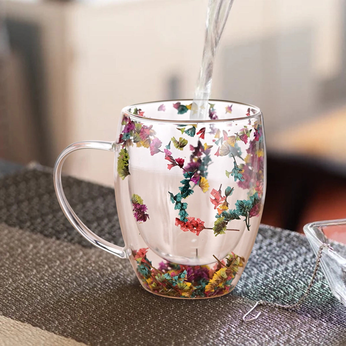 Double-Wall Insulated Glass Mug with Handle,High Borosilicate Glass Coffee Cup for Hot & Cold Drinks - Decorative with Flowers/Shells/Glitter,Tea, Latte, Iced Beverage Cup S01
