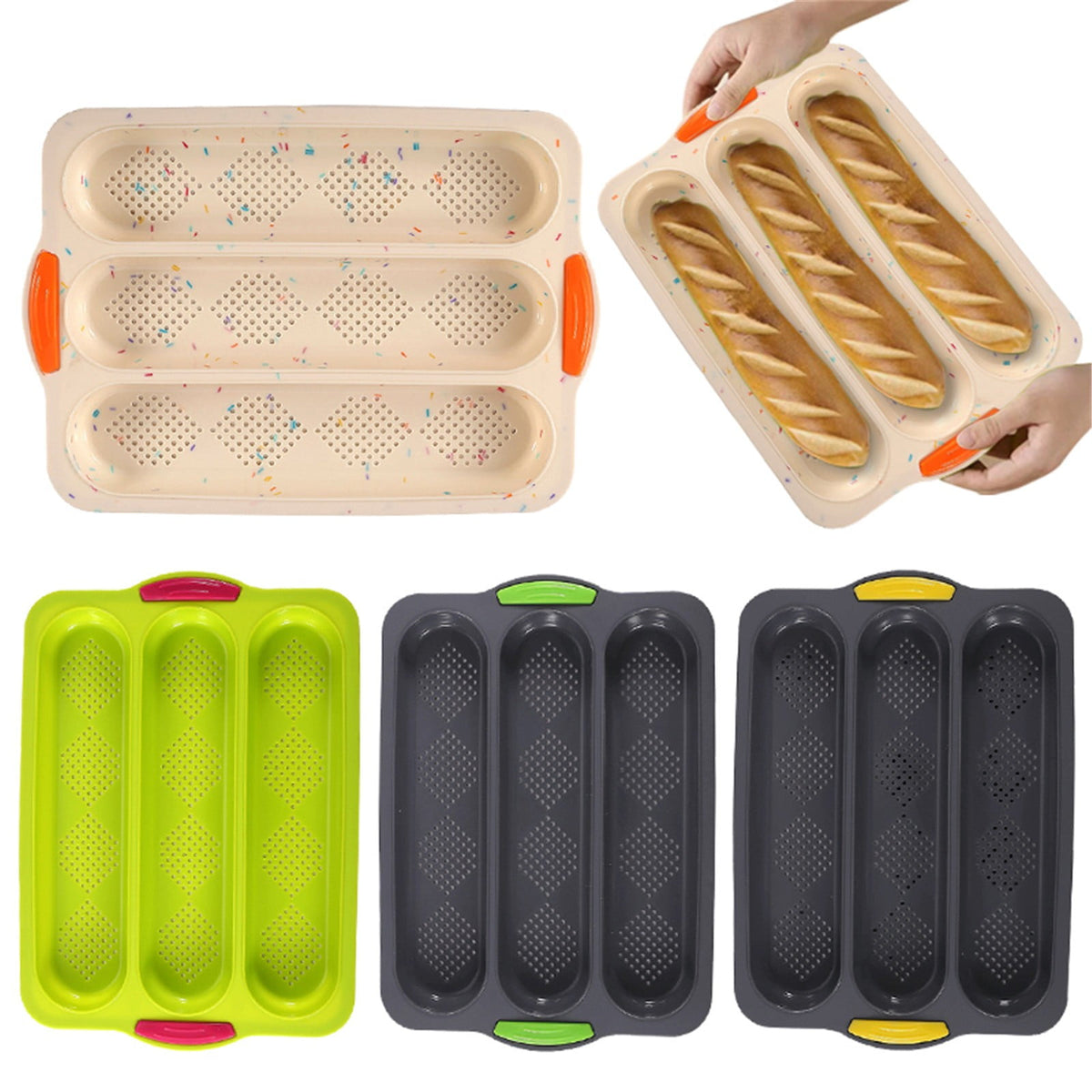 3-Slot French Bread Pan - Non Stick Silicone Baguette Mold for Hoagie, Sub Roll & Hot Dog Buns - Oven Safe Baking Tray with Vent Holes (Beige) Clearance C