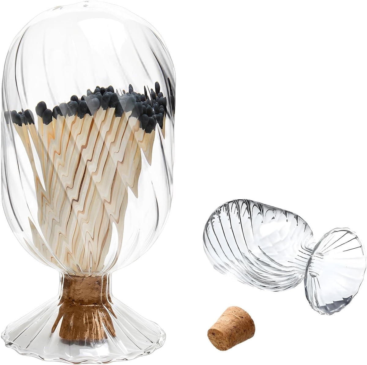 Empty Glass Helix Spiral Cloche Jar,Tutuviw Helix Shaped Glass Matches Cloche Decorative,Clear Decorative Match Holder Jar with Cork Stopper for Candle Display,Holds Cotton Swabs,Toothpicks