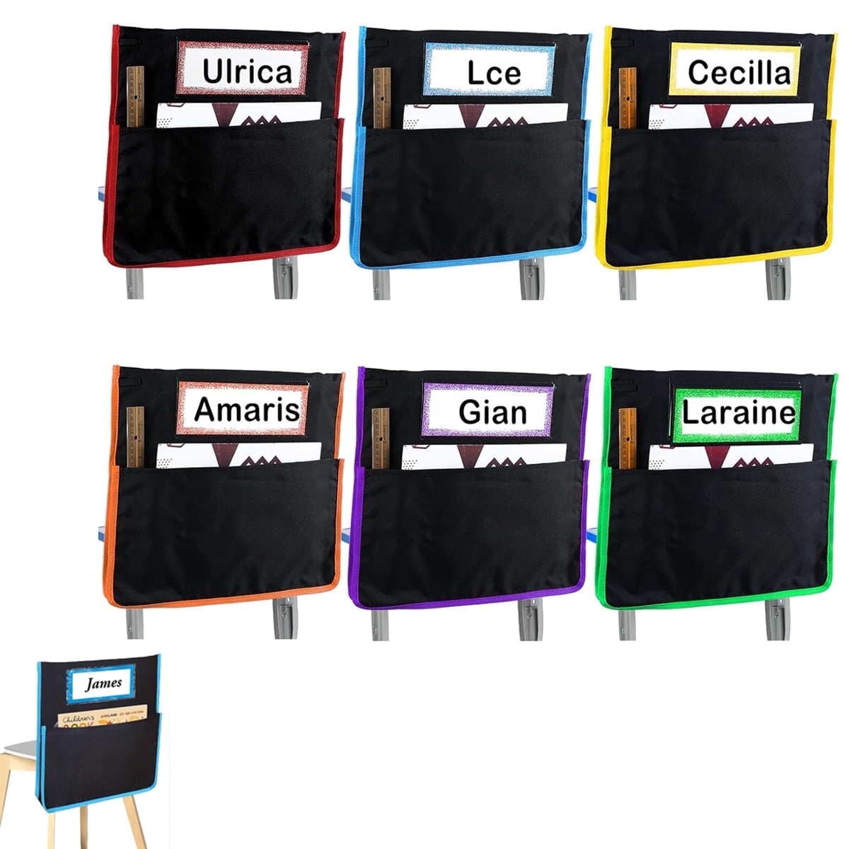 Tutuviw Seat Sack,6 Pcs Chair Storage Pocket for Classroom,Heavy Duty Chairback Pockets with Name Tags,Chart Seat Organizer,Student Seat Storage Organizer for Home Classroom (Multicolors)
